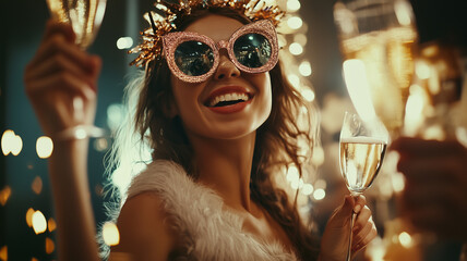 happy smiling women friends celebrating New Year eve party dressed in shiny sparkly outfits in modern style trend drinking champagne in glasses, having fun, Christmas lights and sparklers on backgroun