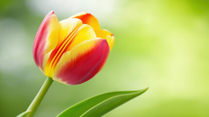 Naklejka premium A striking closeup of a red and yellow tulip, revealing intricate petal details against a soft green backdrop.