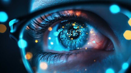 A detailed closeup of an eye in glasses, capturing the reflection vividly against a soft, blurred backdrop.