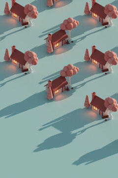 3D render of small houses with glowing windows and soft shadows