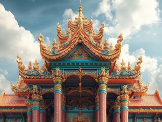 Naklejka premium Ornate temple architecture featuring vibrant colors and intricate designs.
