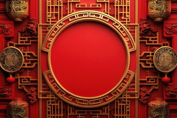 Ornate red and gold background with circular frame for decorative purposes.