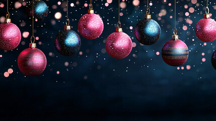 Sparkling Christmas Ornaments Hanging Against a Dark Blue Background