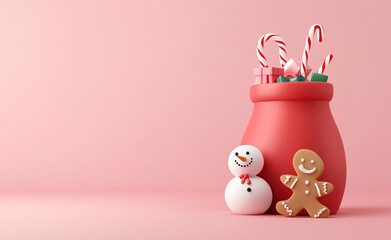 Festive Christmas Scene with Snowman, Gingerbread Man, and Gift Bag