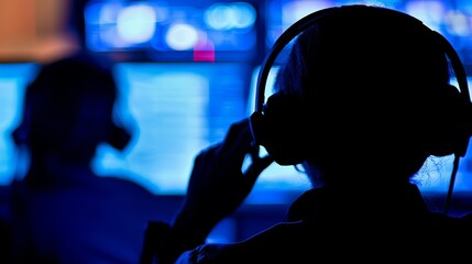 Silhouette of a woman with headphones, focused on computer screens in a high-tech environment.