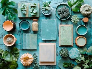 Image features a collection of objects arranged on a wooden surface, predominantly in shades of blue and green The items include small square tiles, plates saucers, rectangular tiles, books notebook