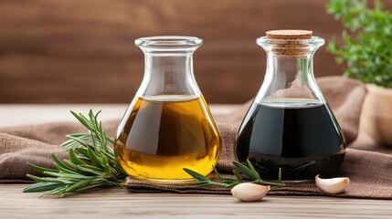 Glass bottles of olive oil and balsamic vinegar sit on wood, surrounded by herbs and garlic, creating a cozy atmosphere