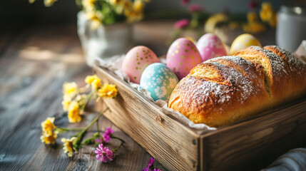 Decorated Easter eggs in vibrant patterns paired with a loaf of bread in a rustic wooden tray surrounded by flowers
