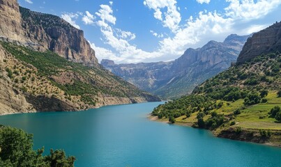 A striking turquoise lake nestled between rugged mountains and green slopes.