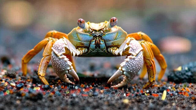 Crab scuttles across the sandy beach, shell gleaming under the sun, coastal charm, Ai Generated.