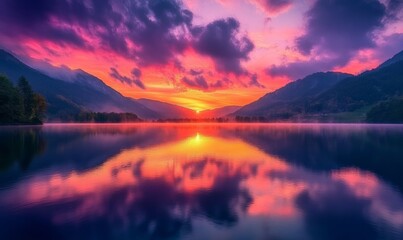 Fototapeta premium A stunning sunrise over a serene lake, reflecting the vibrant colors of the sky and surrounding mountains.