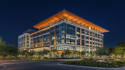 Obraz premium Modern office building illuminated at night with a sleek design and landscaped surroundings.