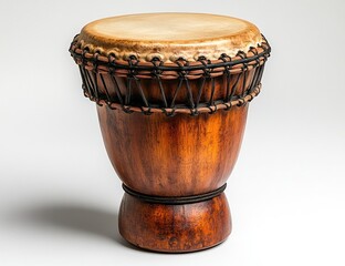 A handcrafted wooden djembe drum with a natural, light brown finish and tan skin head, isolated on a white background.