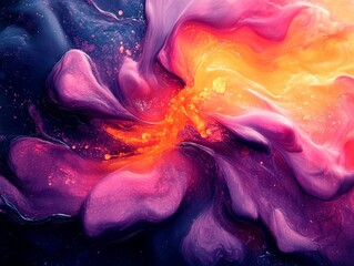 Obraz premium This is a vibrant, dynamic abstract digital artwork featuring a swirling mass of colors, predominantly purple, pink, orange, and yellow The background resembles dark space with scattered stars, enha