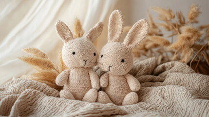 Fototapeta premium Two knitted bunny dolls sitting together with beige tones and natural sunlight 