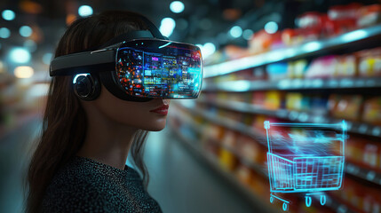 Woman wears futuristic VR headset. Shops in store. Hologram interface displays store data. Virtual shopping experience visible. Woman using AR smart glasses. Augmented reality enhances in-store