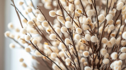 Closeup of soft fluffy pussy willow branches with natural light and gentle tones

