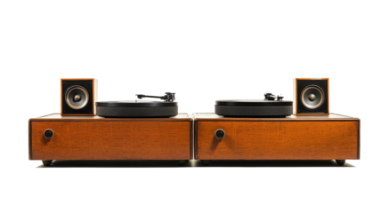 An elegant dual turntable with a wooden design and compact speakers, perfect for timeless sound enjoyment