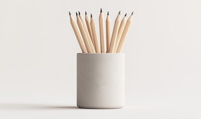 Blank mockup of a set of shard pencils standing upright in a pencil holder on a white background. .