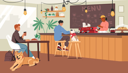 Fototapeta premium Male visitors with dogs friends resting in pet-friendly cafe with comfortable ecology space