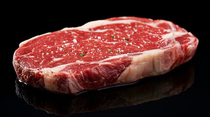 A raw steak with marbling, seasoned with salt and herbs, ready for cooking.