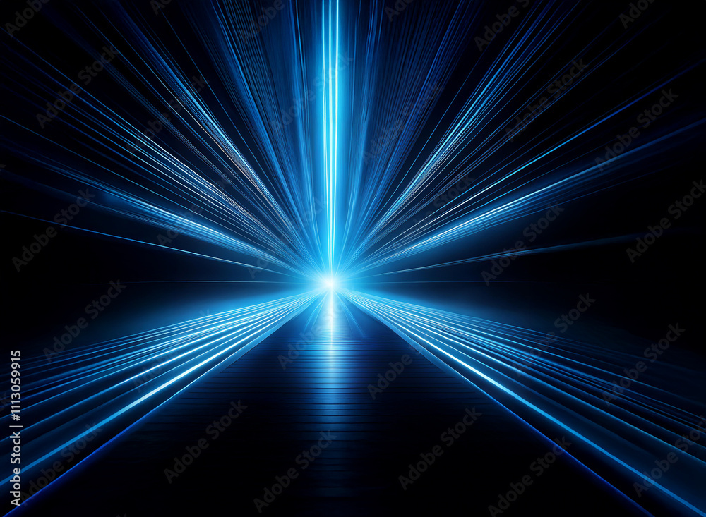 Wall mural abstract image of blue light streaks radiating from a central point, creating a dynamic and futurist