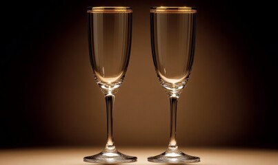 An exquisite set of goldrimmed crystal champagne glasses perfect for raising a toast with a loved one while jotting down heartfelt sentiments on elegant stationery.