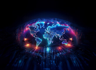 Fototapeta premium A vibrant, digital rendering of the world, glowing with interconnected nodes and lines of light, suggesting global connectivity and data flow. The colors are primarily blues, purples, and oranges.