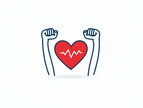A vibrant illustration showing raised hands holding a heart with an ECG line, symbolizing strength and health.
