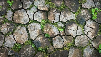 Cracked earth with green moss and small plants, illustrating drought and resilience in nature.