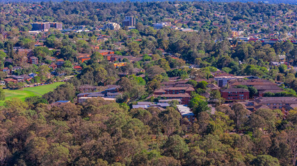 Panorama Aerial view above Rhodes with views to Meadowbank and Olympic park and Wentworth Point and Concord West with Parramatta River in Sydney NSW Australia