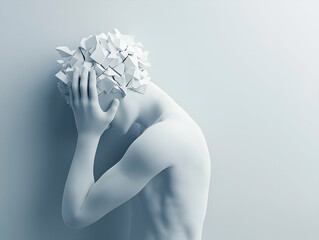 A figure holds their head in despair, with a fragmented paper-like structure representing their thoughts, symbolizing mental anguish and struggle.