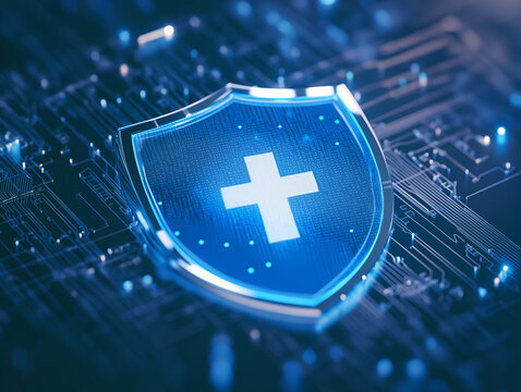 A digital shield symbol with a cross, representing cybersecurity and protection, set against a circuit board background.