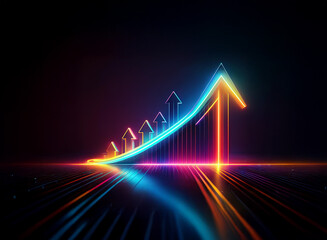 Vibrant neon arrows ascend, forming a growth chart against a dark background.  The upward trajectory symbolizes progress and success.  Reflective surface enhances the futuristic aesthetic.
