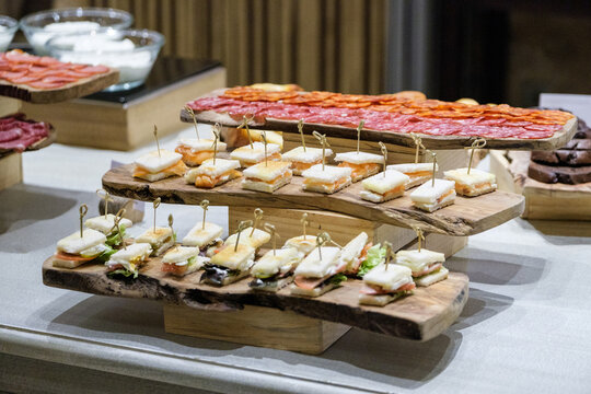 Elegant hotel buffet display with gourmet finger foods