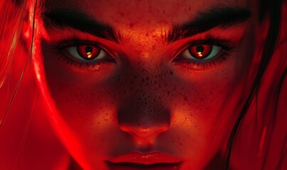 A striking digital artwork featuring a close-up of a girl's face, illuminated in red hues with a blend of dark shadows. Her expressive eyes, dotted with tiny freckles