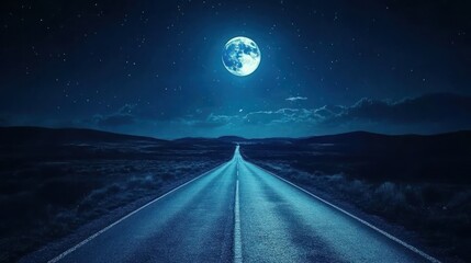 A serene nighttime road illuminated by a bright moon and stars.