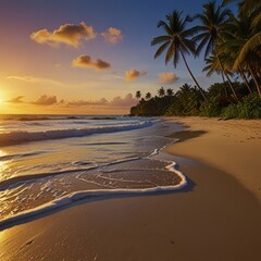 Idyllic sunset beach scene with palm trees, ocean waves, and golden sand.