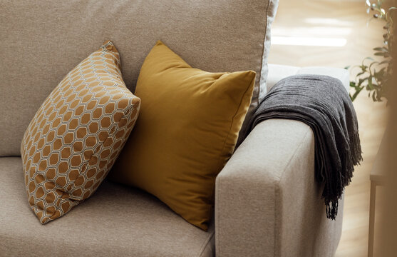 Comfortable living room setting with pillows and blanket