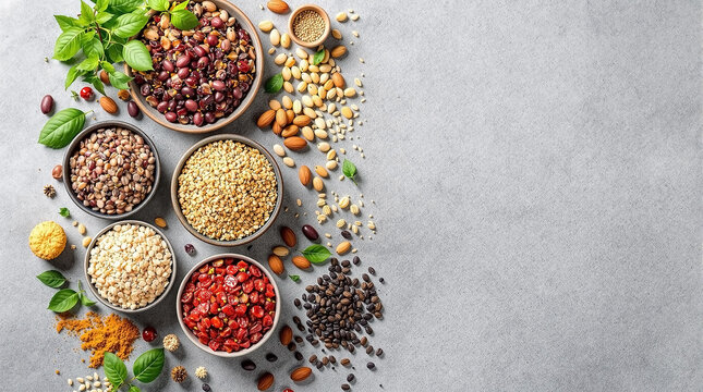 Colorful array of grains, legumes and dried fruits on a textured surface