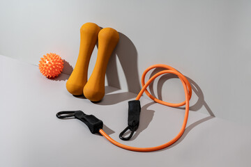 Variety of fitness equipment for yoga and strength training