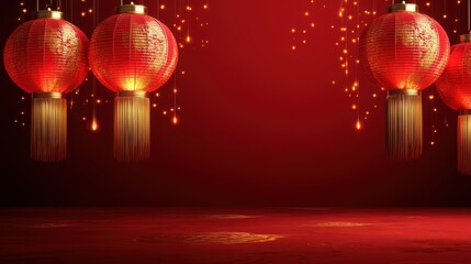 Fototapeta premium Red lanterns hanging against a vibrant red background, symbolizing celebration.