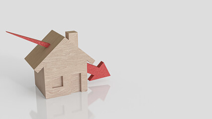 The Wood house and red arrow down for property or building concept 3d rendering..