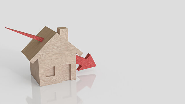 The Wood house and red arrow down for property or building concept 3d rendering..