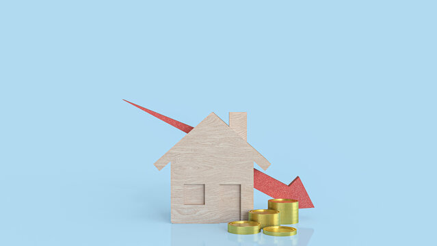 The Wood house and red arrow down for property or building concept 3d rendering..