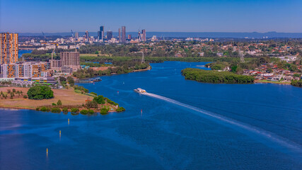 Obraz premium Panorama Aerial view above Rhodes with views to Meadowbank and Olympic park and Wentworth Point and Concord West with Parramatta River in Sydney NSW Australia