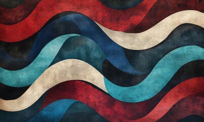 An abstract design featuring flowing, wavy patterns in rich hues of red, blue, beige, and teal, creating a dynamic and visually engaging composition with a sense of movement and depth