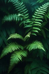 Native fern branches display vibrant green leaves in dark forest. Cool cinematic light highlights delicate fern structure in subtropical rainforest. Close-up nature photo captures details of fern
