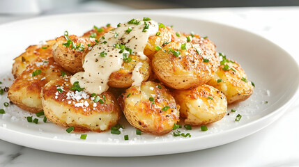 Crispy Smashed Potatoes with Garlic Aioli and Fresh Herbs, Side Dish Photography