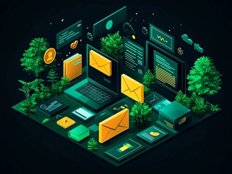 A futuristic, cybernetic digital illustration showcases a contrasting landscape of technology and nature The central focus is data processing, emphasized by screens displaying graphs, charts, and ic